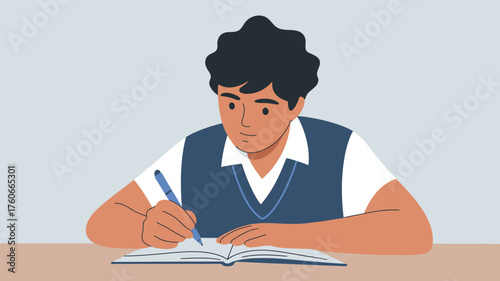 Illustration of a Young Man Concentrating on Writing in a Notebook at a Desk with a Blue Pen