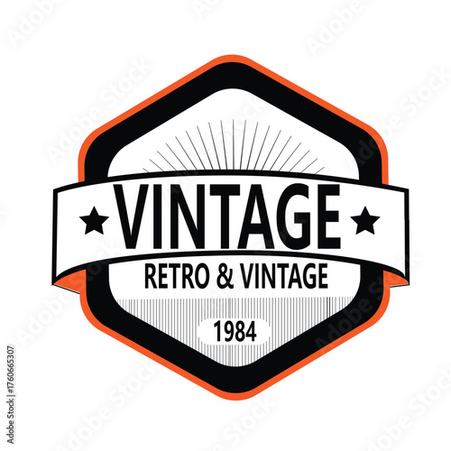 Retro and vintage 1984 grunge effect rubber stamp design with white, black, orange color