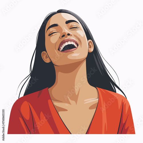 Happy woman laughing joyfully, portrait illustration, smiling lady with open mouth, eyes closed, enjoying bliss, feeling contentment, happiness and good spirits