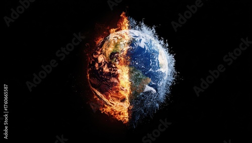 Earth split between fire and water, symbolizing climate change
