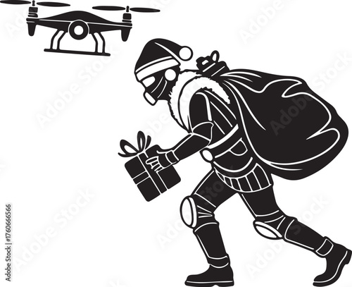Vector silhouette of a robot Santa delivering presents with drones