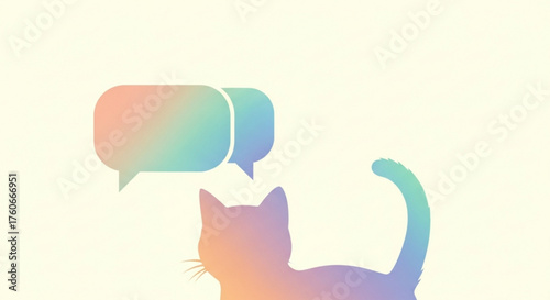 A pastel gradient cat silhouette looks up at two overlapping speech bubbles, creating a whimsical and modern design