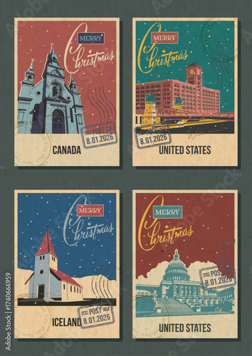 Merry Christmas Greeting Card Set. Canada, USA, Iceland Attractions Postcards. Old Church, Buildings, Capitol. Aged Texture, Retro Greeting Cards Style Illustrations