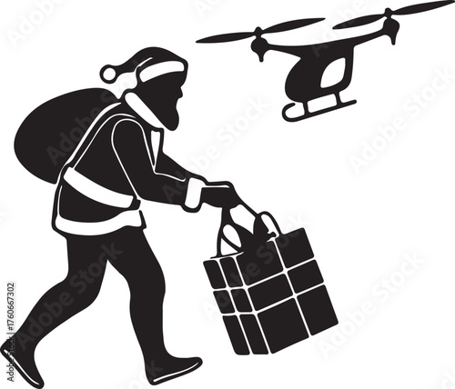 Vector silhouette of a robot Santa delivering presents with drones