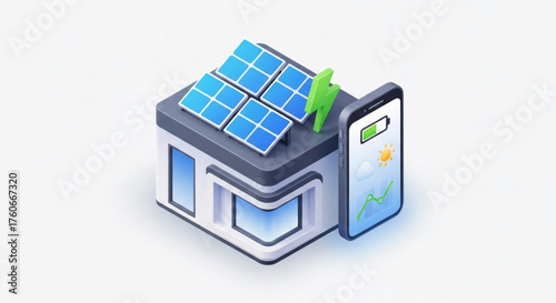 Isometric illustration of a smart home with solar panels and a smartphone app for energy management, concept of sustainable living