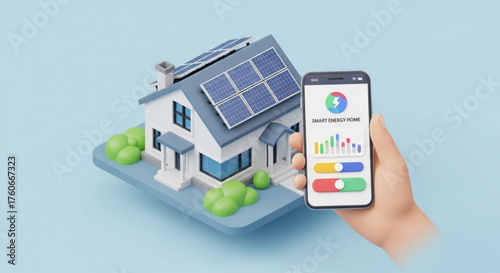 Smart home with solar panels and energy management app on smartphone, concept of sustainable living and renewable energy
