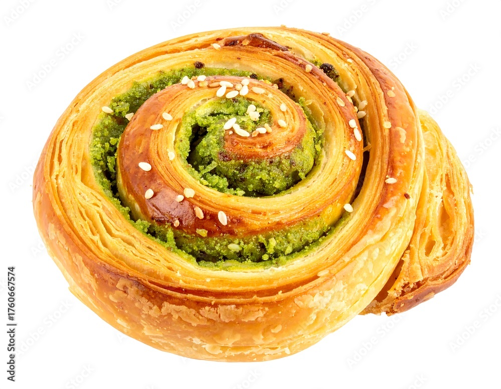 Fototapeta premium Close-up of a pastry roll with a vibrant green filling and sesame seeds, showcasing intricate layers of dough