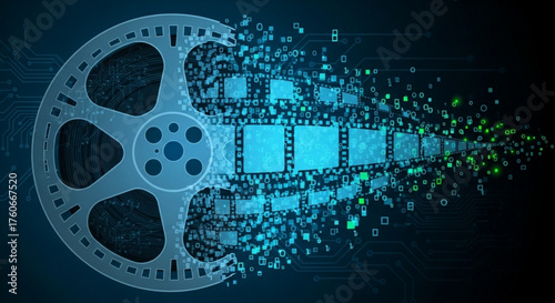 Film reel transforming into digital data stream, representing the transition from traditional media to digital media concept of technology, innovation, and progress