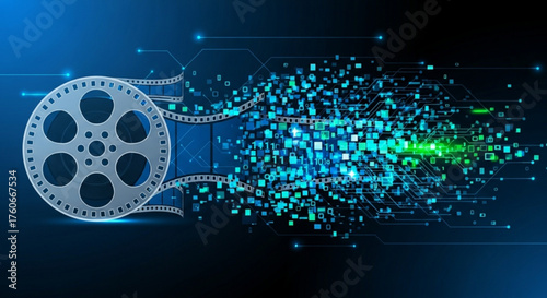 Film reel transforming into digital data stream, representing the transition from traditional media to digital media concept of technology, innovation, and progress
