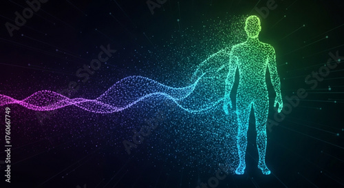 Human figure made of particles with flowing energy, concept of digital transformation, artificial intelligence, and future technology abstract representation