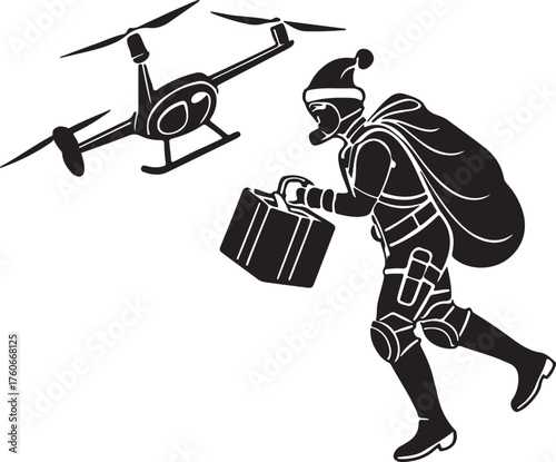 Vector silhouette of a robot Santa delivering presents with drones