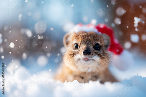 Tree Hyrax wearing Santa hat in snowy yard small mammal winter holiday portrait