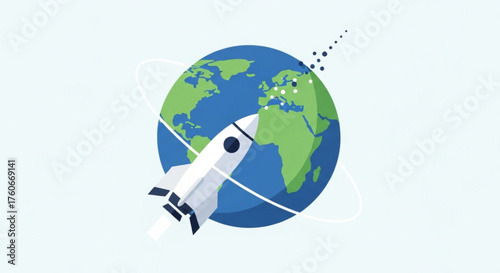 A rocket orbiting the earth on a light blue background, symbolizing space exploration, global reach, and the pursuit of new frontiers