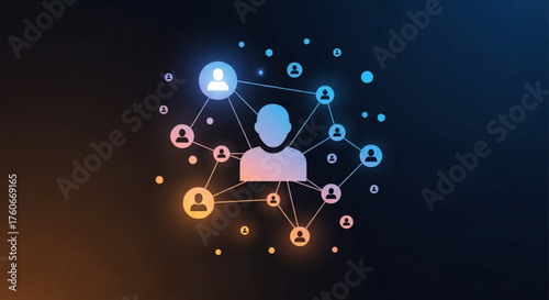 A glowing network of interconnected people, symbolizing social connections, communication, and the power of community in the digital age, on dark background