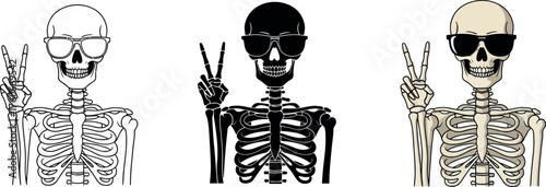 Set of skeleton illustrations with sunglasses making peace sign vector design element for Halloween isolated on white background