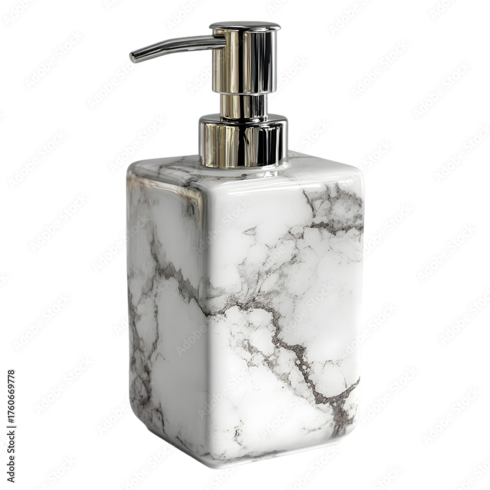 Obraz premium Elegant white marble soap dispenser with chrome pump for bathroom or kitchen vanity isolated on transparent background