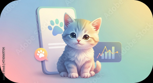 A charming illustration showcases a kitten sitting beside a smartphone, adorned with a paw print icon, and a chart, all set against a soft pastel backdrop