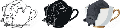 Cute bat sleeping in a teacup vector illustration for Halloween isolated on a white background
