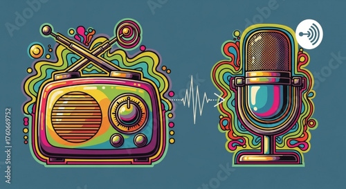 Retro radio and microphone with colorful psychedelic patterns create a vibrant and nostalgic atmosphere, perfect for podcasting or vintagethemed designs