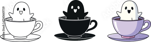 Cute ghost in a teacup vector illustration spooky season cartoon character for Halloween designs isolated on white background