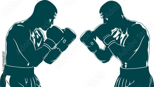 Dynamic boxing stance: Two silhouettes of boxers face off, engaged in an intense match of skill and strategy. Capturing the raw power and determination of combat
