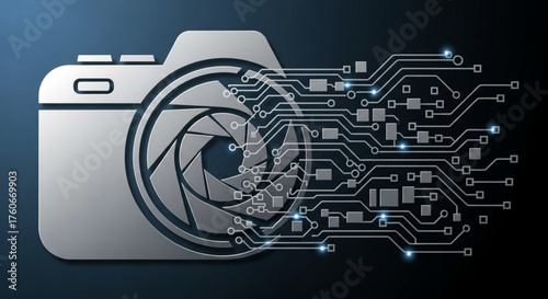 Digital camera icon with futuristic circuit board design, representing technology, innovation, and modern photography