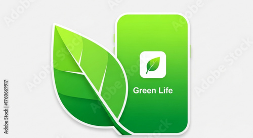 Green life app icon on smartphone with leaf symbol, representing ecofriendly living and environmental consciousness