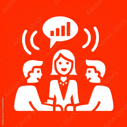 Business meeting and communication concept with three people discussing growth and analytics, teamwork illustration in red and white minimal style, leadership and collaboration symbol
