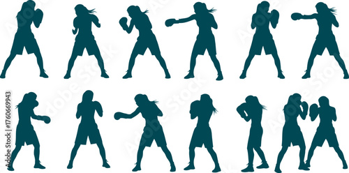 Dynamic silhouette of a boxer: Silhouette of a female boxer is shown performing her boxing routine, demonstrating the strength and power of the sport. The image captures the essence of strength.