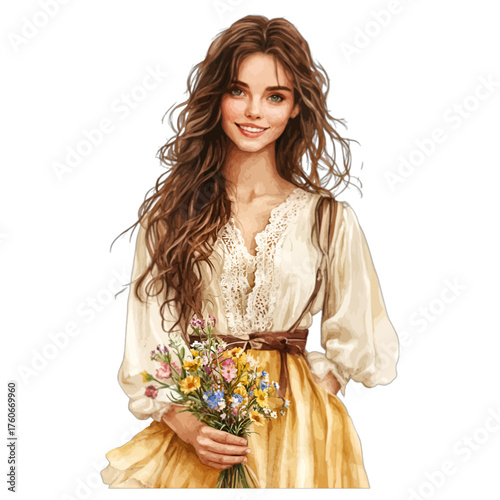 Charming Watercolor Woman with Wildflower Bouquet: Rustic Boho Clipart
