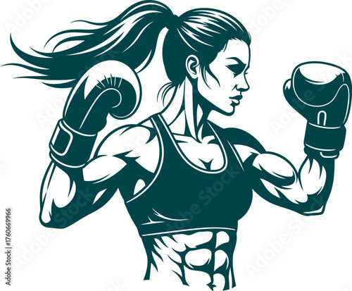 Fierce Determination in the Ring: A powerful and resolute female boxer, muscles flexed, prepares for combat, embodying the spirit of strength and discipline.