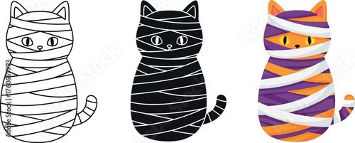 Cute mummy cat vector illustration set Halloween themed pet in bandage isolated on white background