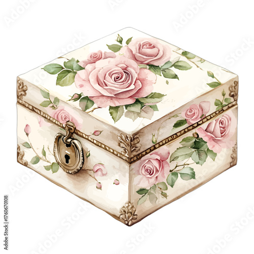 Elegant Watercolor Vintage Trinket Box with Pink Roses
