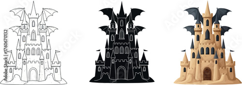 Set of spooky castle illustrations with bat wings in outline silhouette and color for Halloween designs