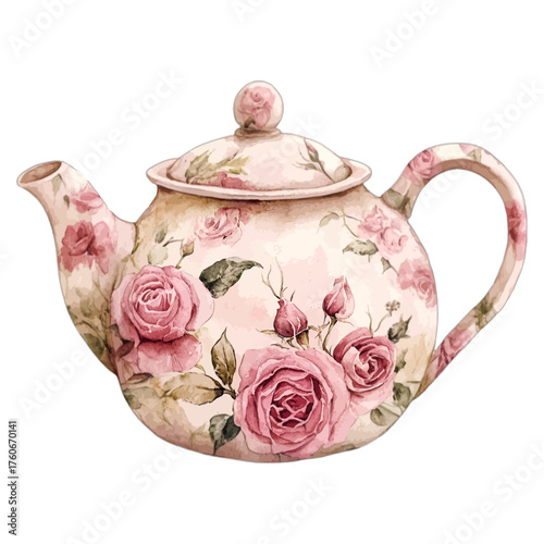 Elegant Watercolor Vintage Teapot with Pink Roses Clipart
