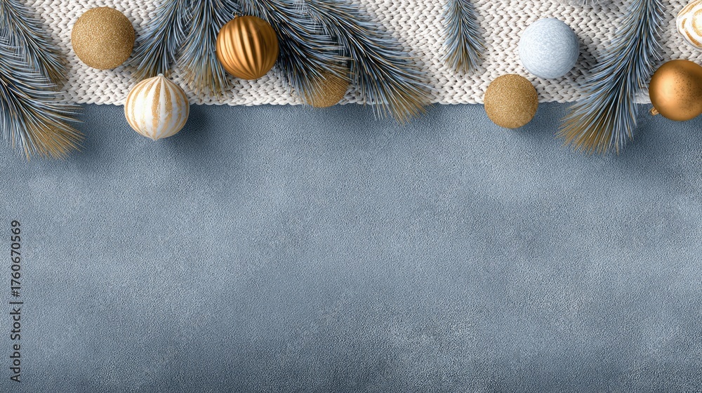 Naklejka premium Festive evergreen branches with ornaments rest on a knitted surface.