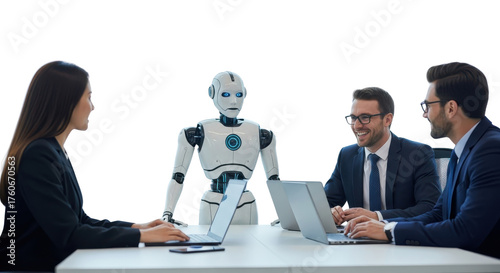 Artificial intelligence robot collaborating with corporate business people in a modern office meeting isolated PNG with Transparent Background