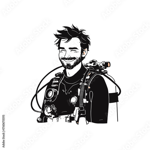 Marine Biologist. Marine Biologist simple black and white line art vector logo