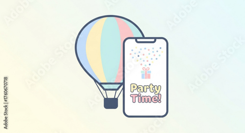 Colorful illustration of a hot air balloon and a smartphone with a party theme for celebration or event promotion