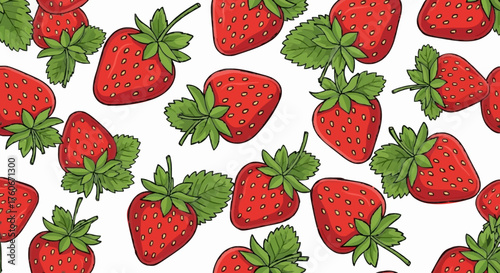 A vibrant illustration showcasing a pattern of ripe, red strawberries with green leaves, scattered across a white background.