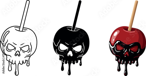 Set of candy apple skull illustrations dripping caramel vector design for Halloween isolated on white background