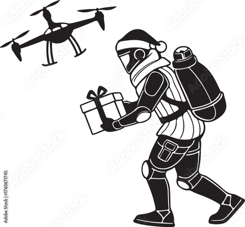 Vector silhouette of a robot Santa delivering presents with drones
