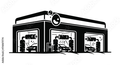 Car wash building with vehicles and cleaning equipment