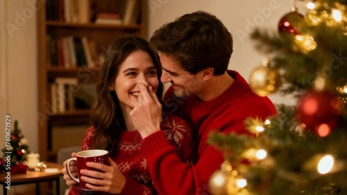 Playful Christmas: Couple Enjoying the Holidays Together. A warm and intimate portrait of a young couple enjoying the Christmas season together. The man playfully touches the woman’s nose