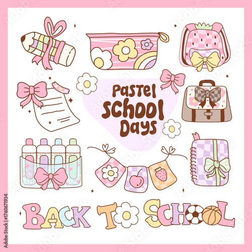 Whimsical Pastel School Days: A charming collection of adorable school supplies, each rendered in soft pastel hues, evoking a sense of joy and the sweet anticipation of a new school year.
