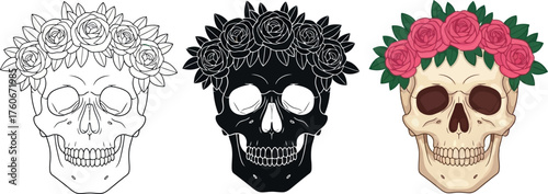 Set of skulls with flower crowns vector illustration for Day of the Dead available in color black and white and outline versions
