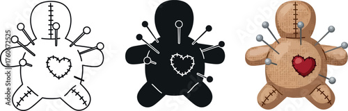 Voodoo doll set in different styles including line art silhouette and color representing dark magic and superstition