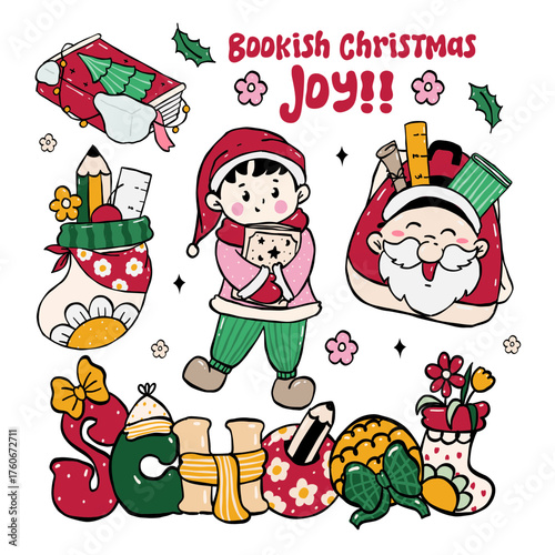 Bookish Christmas Joy: Charming Christmas illustration featuring a book-loving child surrounded by festive elements and the joy of the holiday season, embodying the spirit of a literary Christmas.