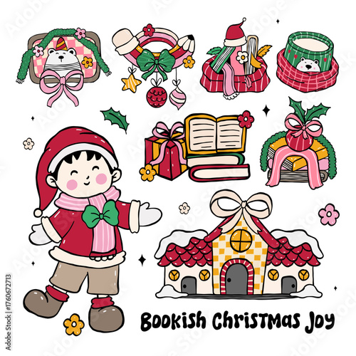 Bookish Christmas Joy: A charming illustration capturing the festive spirit with a delightful array of ornaments and a bookish twist, perfect for conveying the joy of the holiday season.