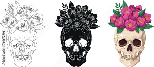 Skull with flower crown illustrations in line art silhouette and color for tattoo design and gothic themes
